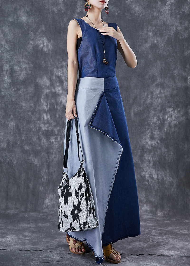 Blue Asymmetrical Patchwork Backless Denim Dress Summer