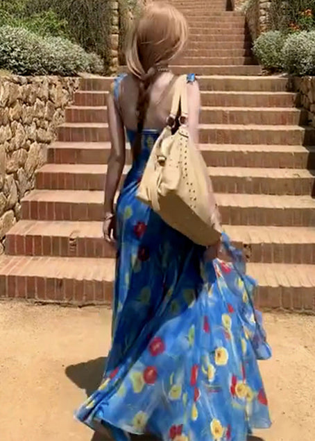 Blue Backless Print Chiffon Ankle Dress Summer
