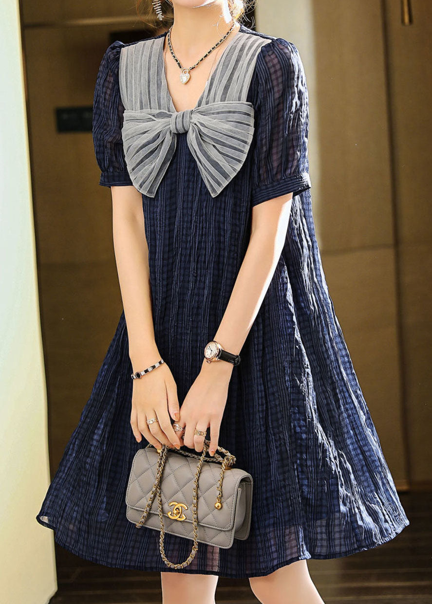 Blue Bow Patchwork Chiffon Mid Dress Summer