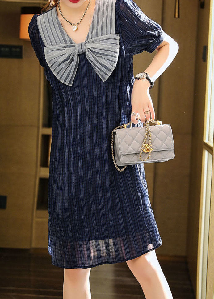 Blue Bow Patchwork Chiffon Mid Dress Summer