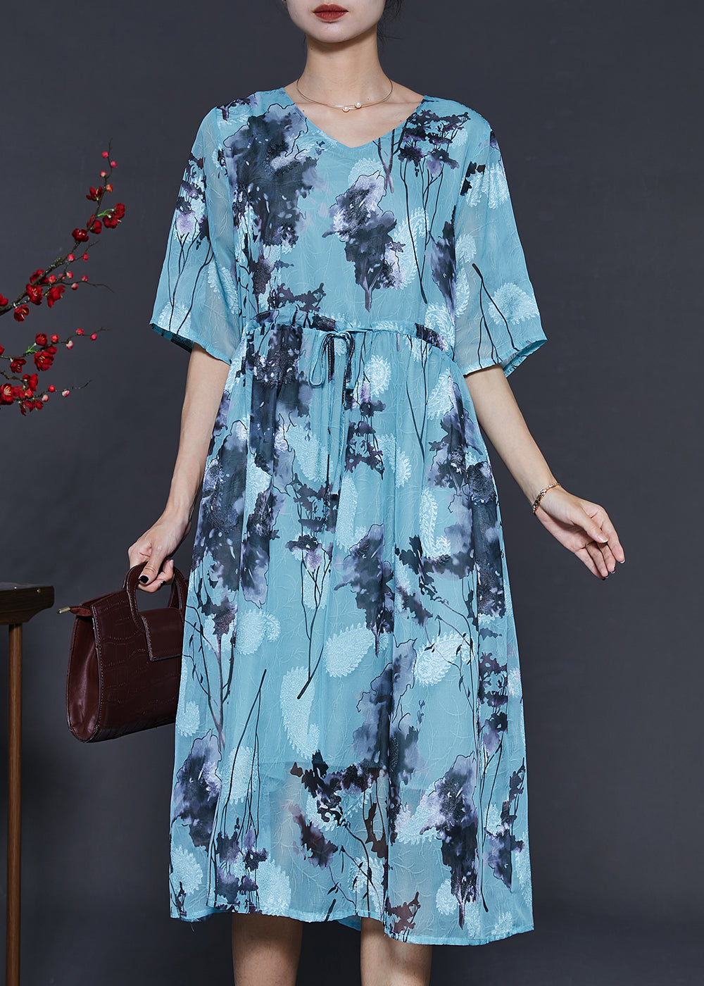 Blue Cinched Print Chiffon Long Dresses Summer