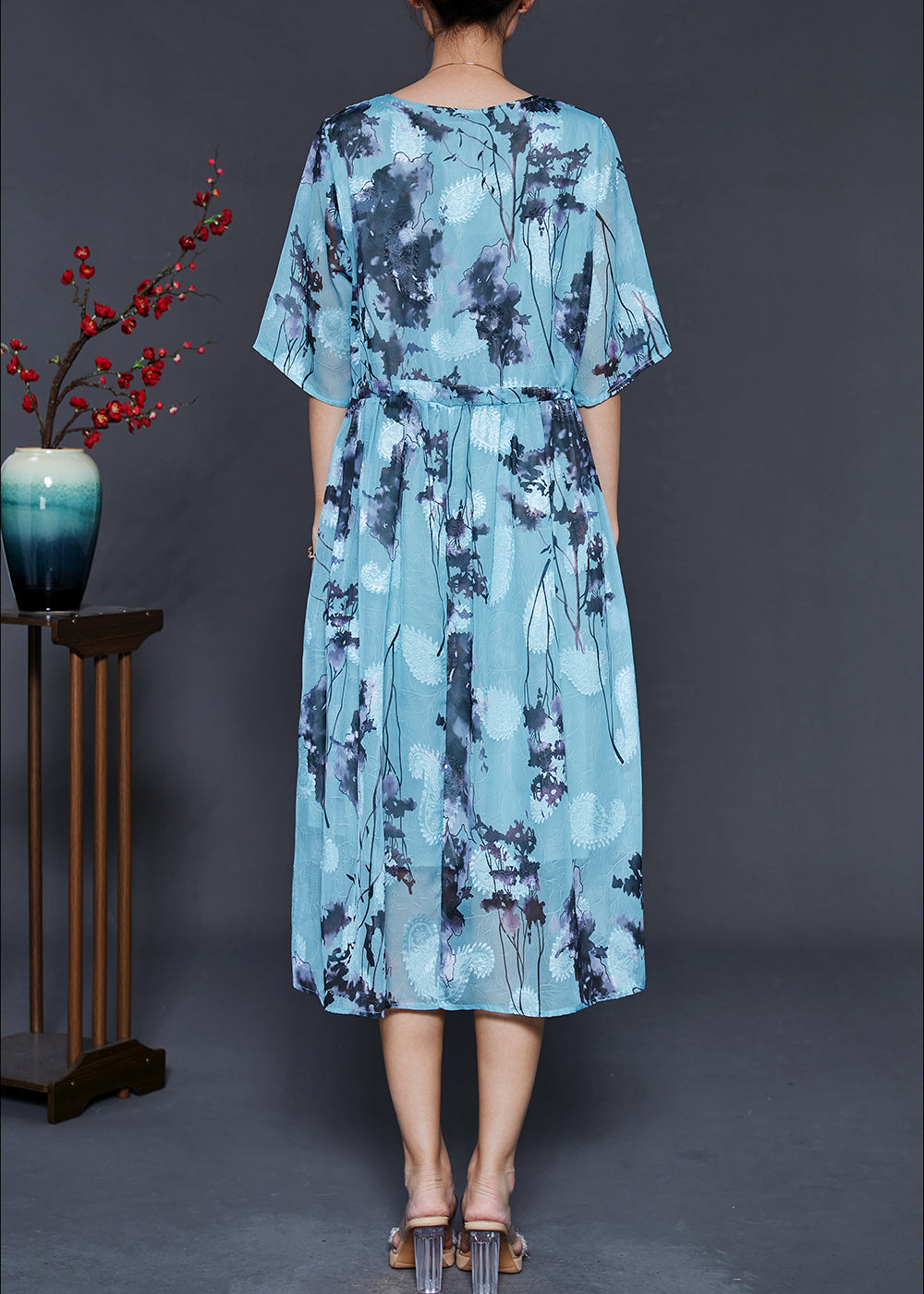 Blue Cinched Print Chiffon Long Dresses Summer