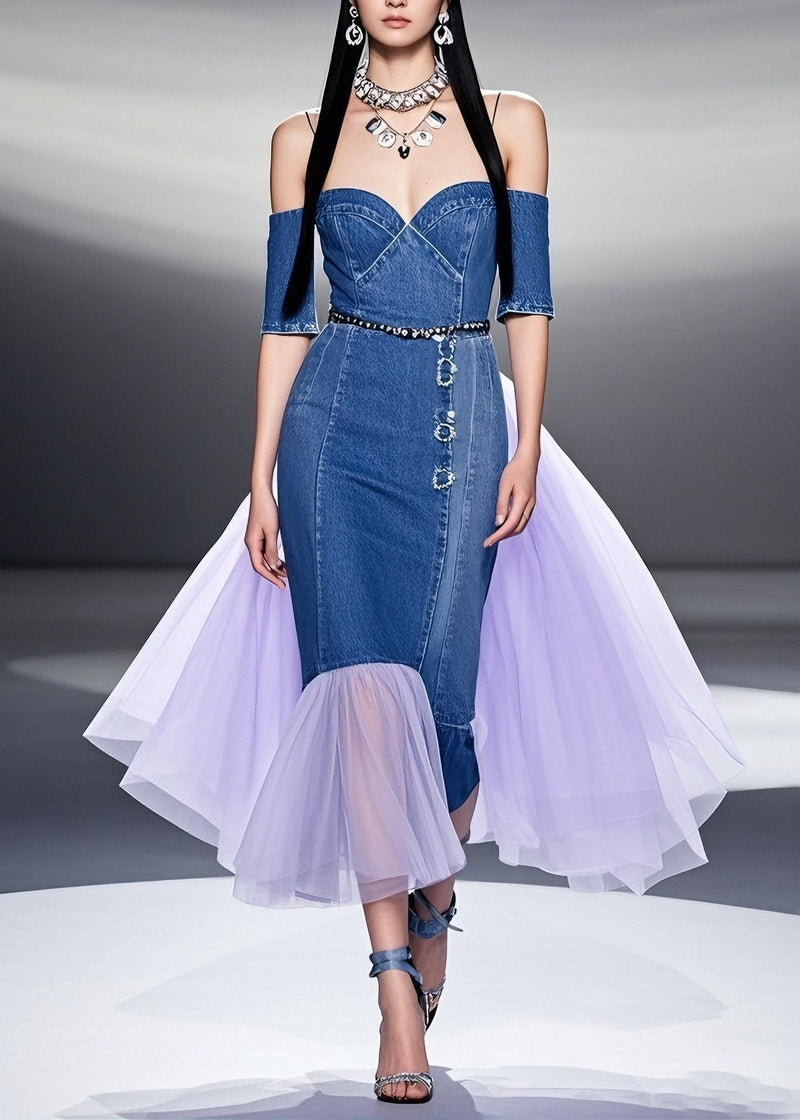 Blue Cold Shoulder Tulle Patchwork Denim Dresses Summer