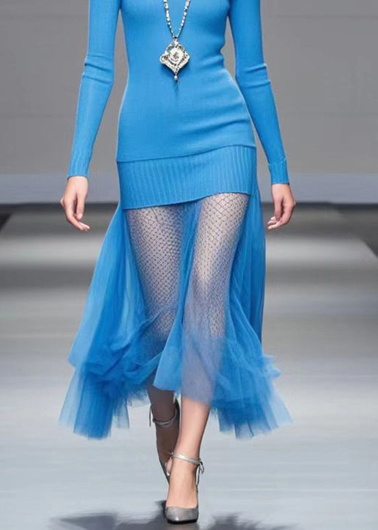 Blue High Neck Patchwork Tulle Knit Sweater Dress Winter