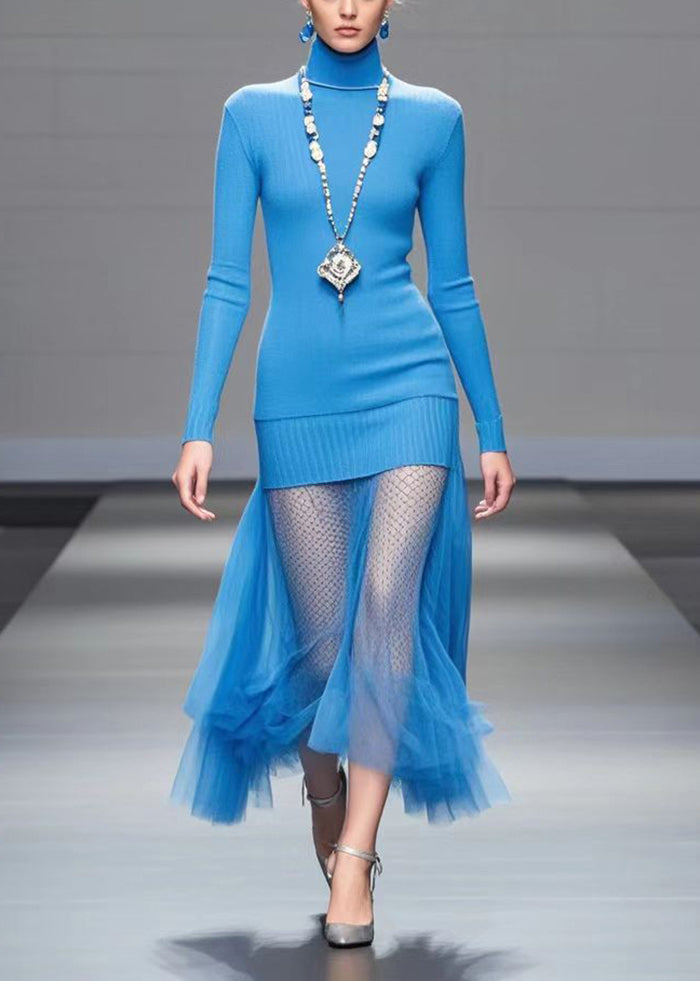 Blue High Neck Patchwork Tulle Knit Sweater Dress Winter