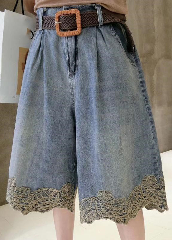 Blue High Waist Lace Patchwork Denim Shorts Summer