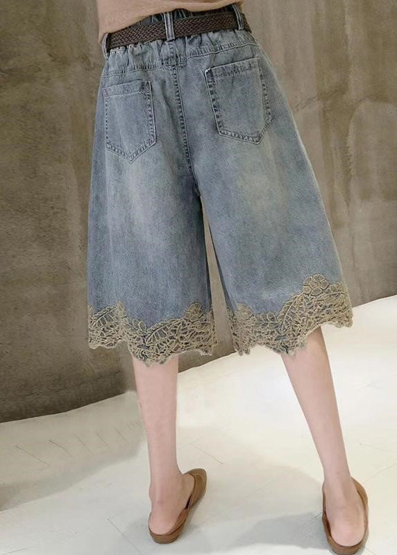 Blue High Waist Lace Patchwork Denim Shorts Summer
