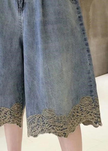 Blue High Waist Lace Patchwork Denim Shorts Summer