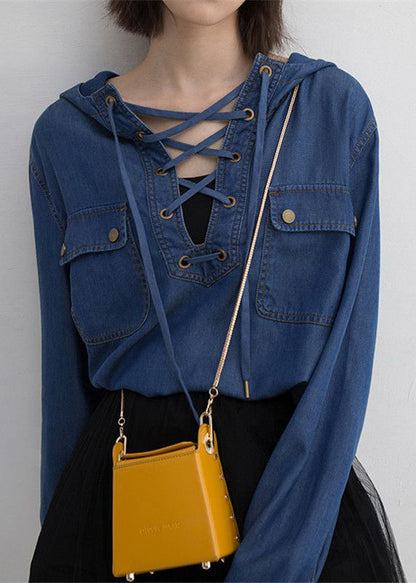 Blue Hooded Lace Up Denim Shirt Tops Long Sleeve