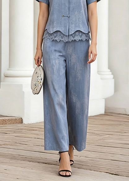 Blue Lace Patchwork Shirt and Crop Pants Two-piece Set Short Sleeve