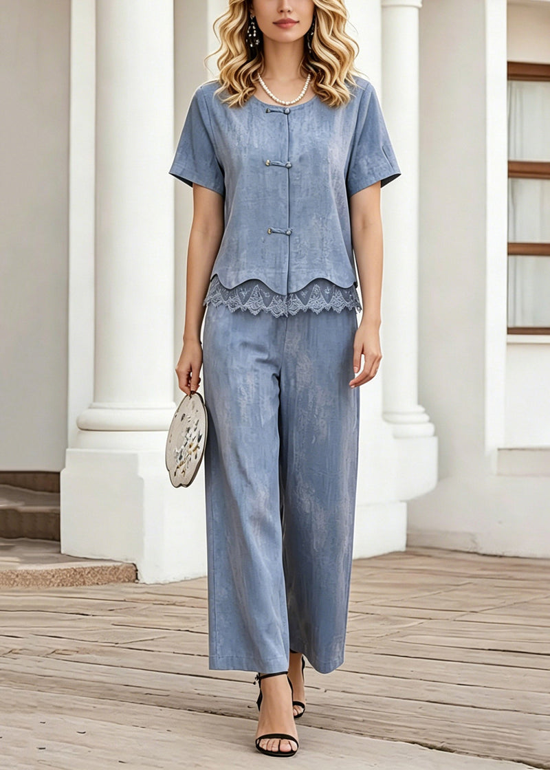 Blue Lace Patchwork Shirt and Crop Pants Two-piece Set Short Sleeve