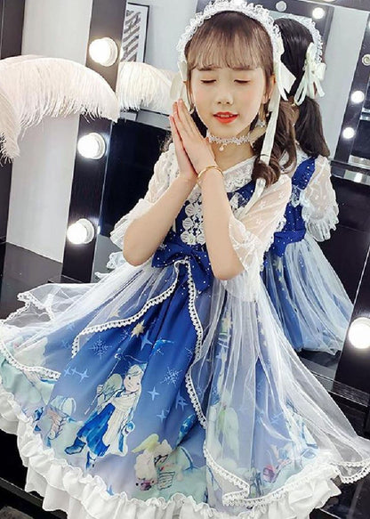 Blue Lace Patchwork Tulle Kids Long Dress Short Sleeve