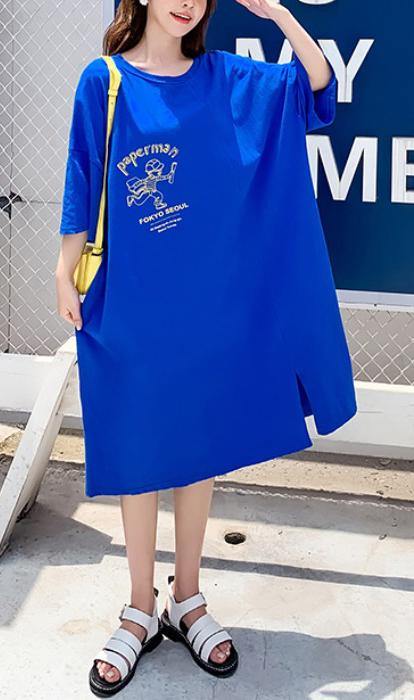 Blue O-neck Cotton Summer Maxi Dresses