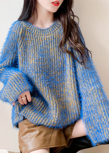 Blue O-neck Cozy Low High Design Knit Sweaters Fall
