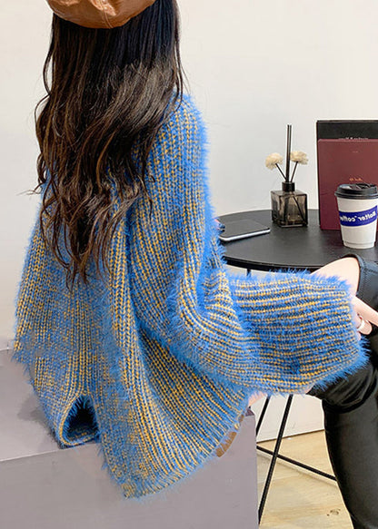 Blue O-neck Cozy Low High Design Knit Sweaters Fall