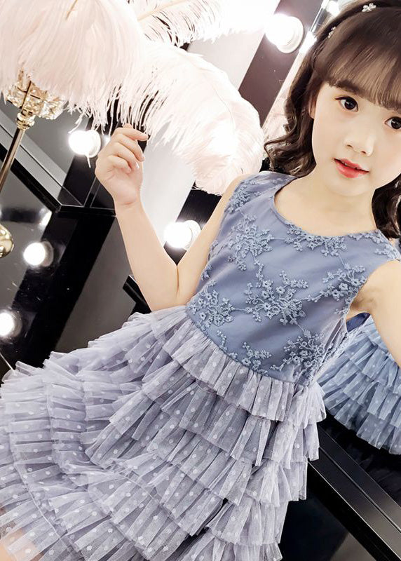 Blue O-neck Embroideried Dot Patchwork Tulle Party Mid Dress Sleeveless