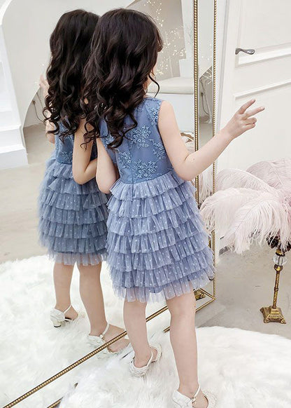 Blue O-neck Embroideried Dot Patchwork Tulle Party Mid Dress Sleeveless
