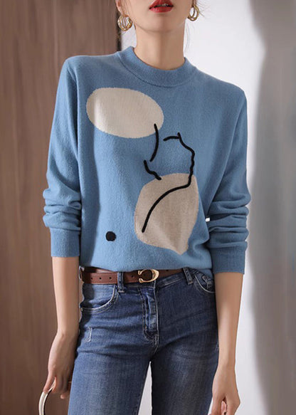 Blue O Neck Geometric Print Patchwork Knit Sweaters Fall