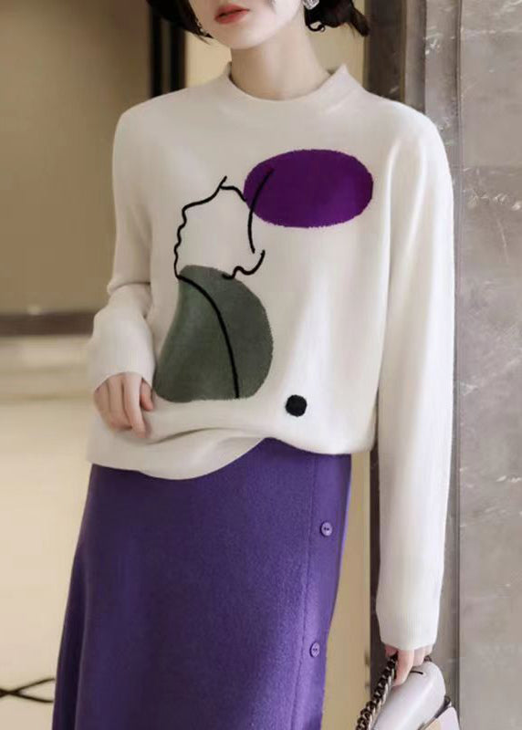 Blue O Neck Geometric Print Patchwork Knit Sweaters Fall