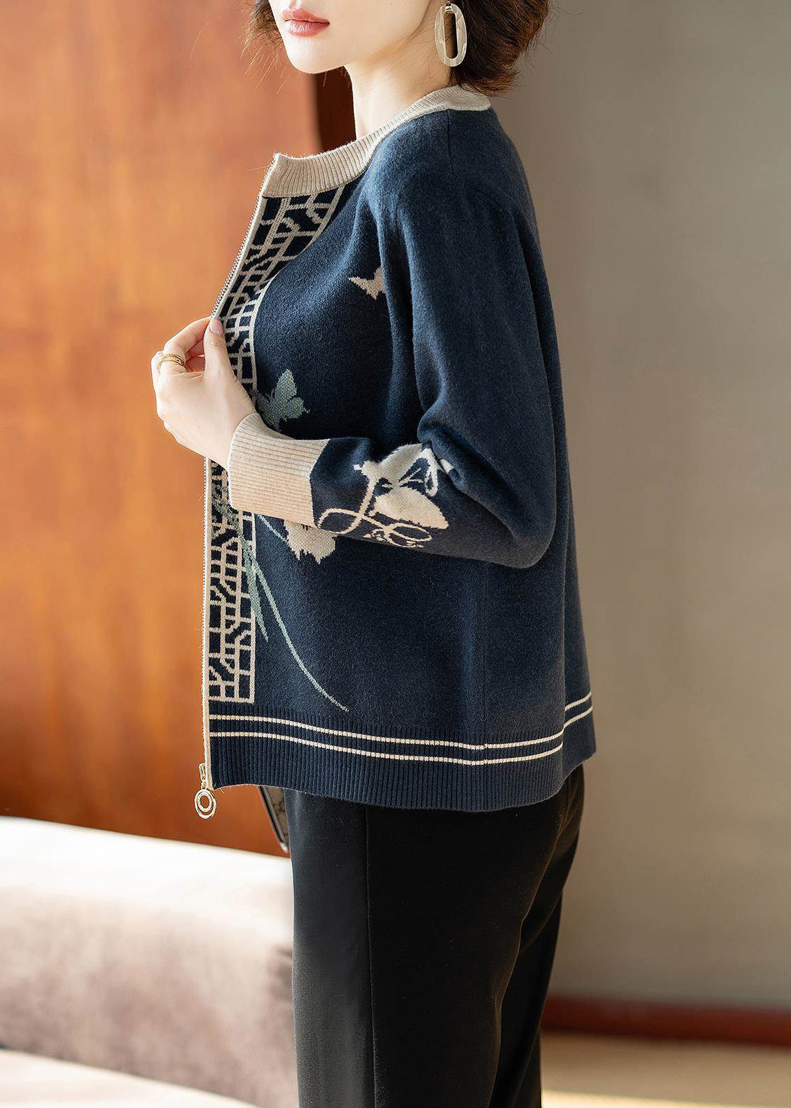 Blue O-neck Print Knitted Cotton Cardigans Fall
