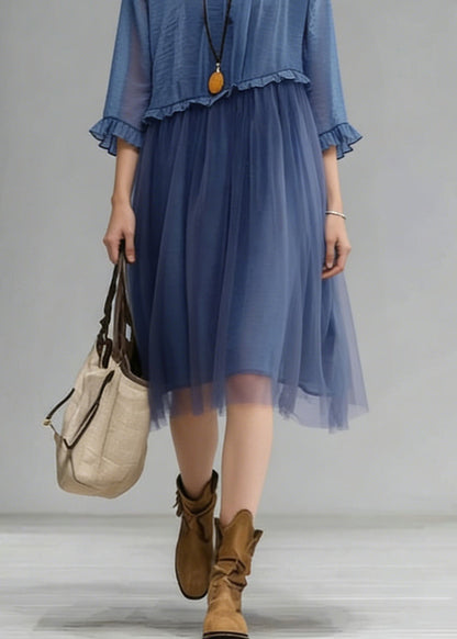 Blue O-neck Ruffled Tulle Patchwork Chiffon Dress Summer