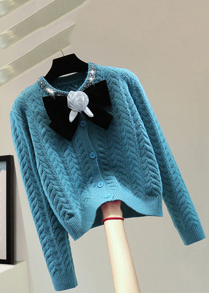 Blue O-neck Zippered Bow Thick Cable Cotton Knit Sweaters Winter