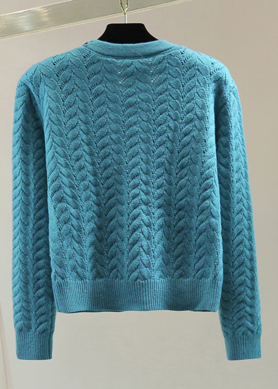 Blue O-neck Zippered Bow Thick Cable Cotton Knit Sweaters Winter