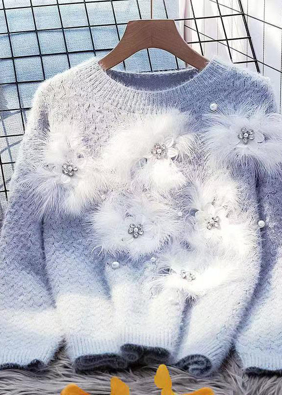 Blue O-neck Zircon Mink Hair Patchwork Thick Cotton Knit Sweater Winter