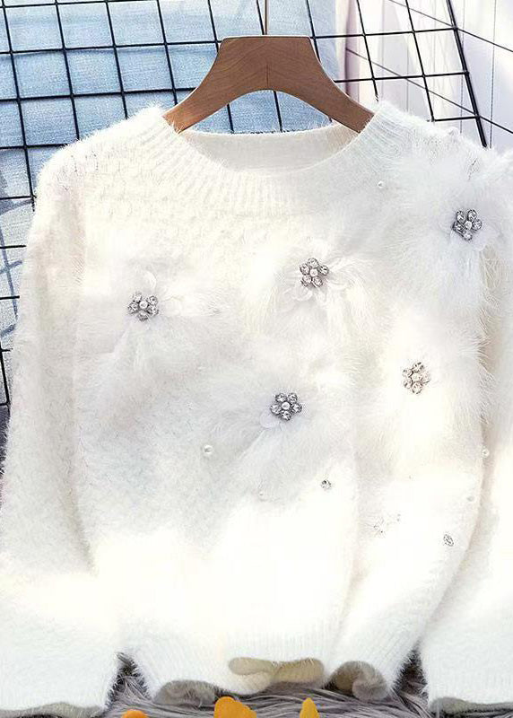 Blue O-neck Zircon Mink Hair Patchwork Thick Cotton Knit Sweater Winter