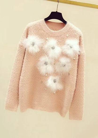 Blue O-neck Zircon Mink Hair Patchwork Thick Cotton Knit Sweater Winter