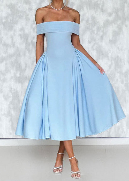 Blue Off Shoulder Slash Neck Wrinkled Dress Summer
