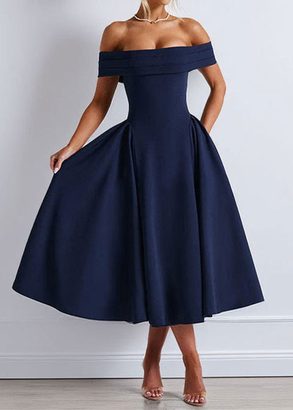 Blue Off Shoulder Slash Neck Wrinkled Dress Summer