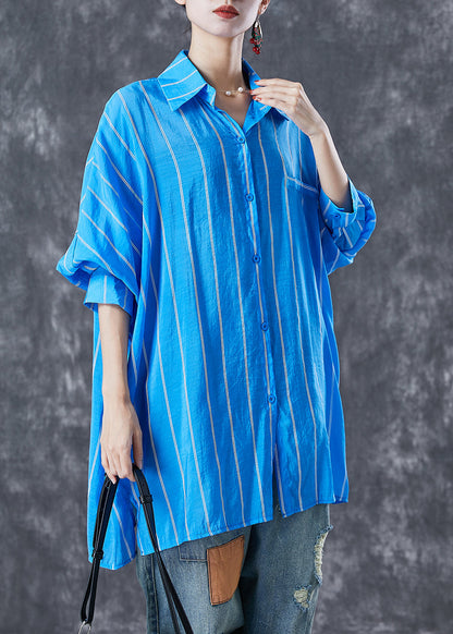 Blue Oversized Striped Cotton Shirt Tops Summer
