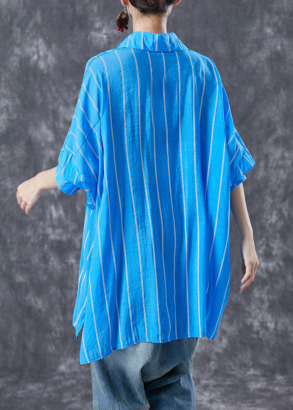 Blue Oversized Striped Cotton Shirt Tops Summer