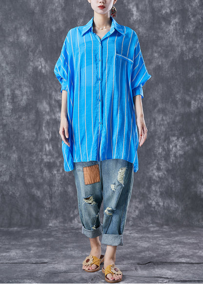 Blue Oversized Striped Cotton Shirt Tops Summer