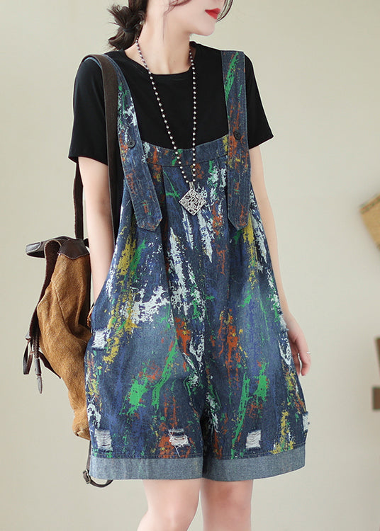 Blue Oversized Tie Dye Denim Jumpsuits Ripped Shorts Summer
