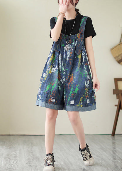 Blue Oversized Tie Dye Denim Jumpsuits Ripped Shorts Summer