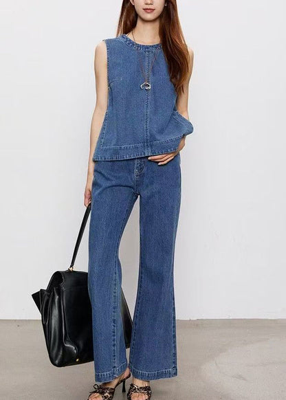 Blue Patchwork Denim Top and Jeans Two Pieces Set Sleeveless