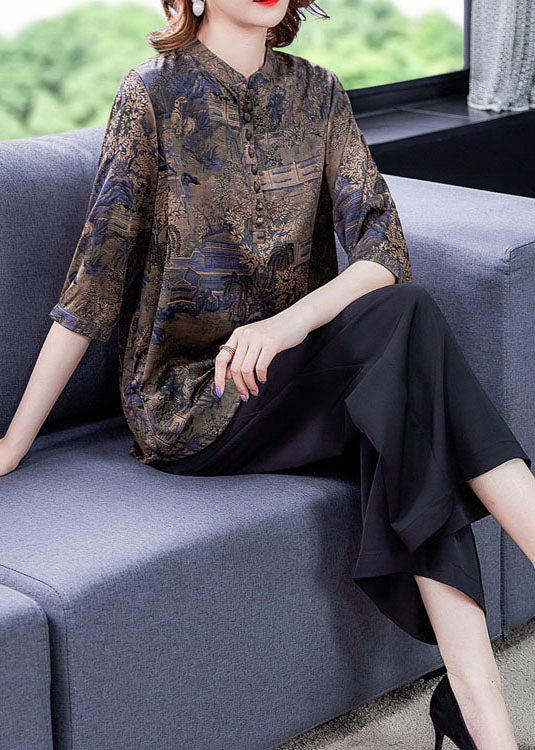 Blue Patchwork Print Button Silk Blouse Tops Summer