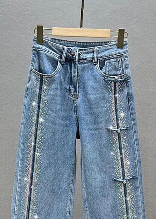 Blue Patchwork Zircon High Waist Wide Leg Jeans