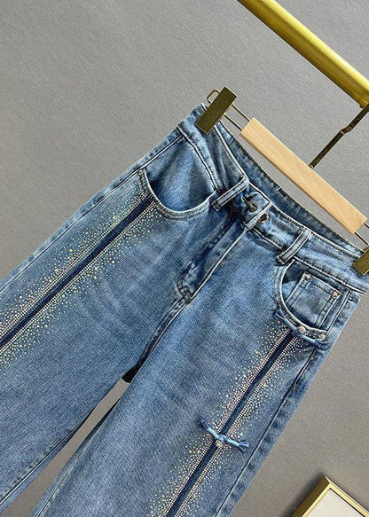 Blue Patchwork Zircon High Waist Wide Leg Jeans