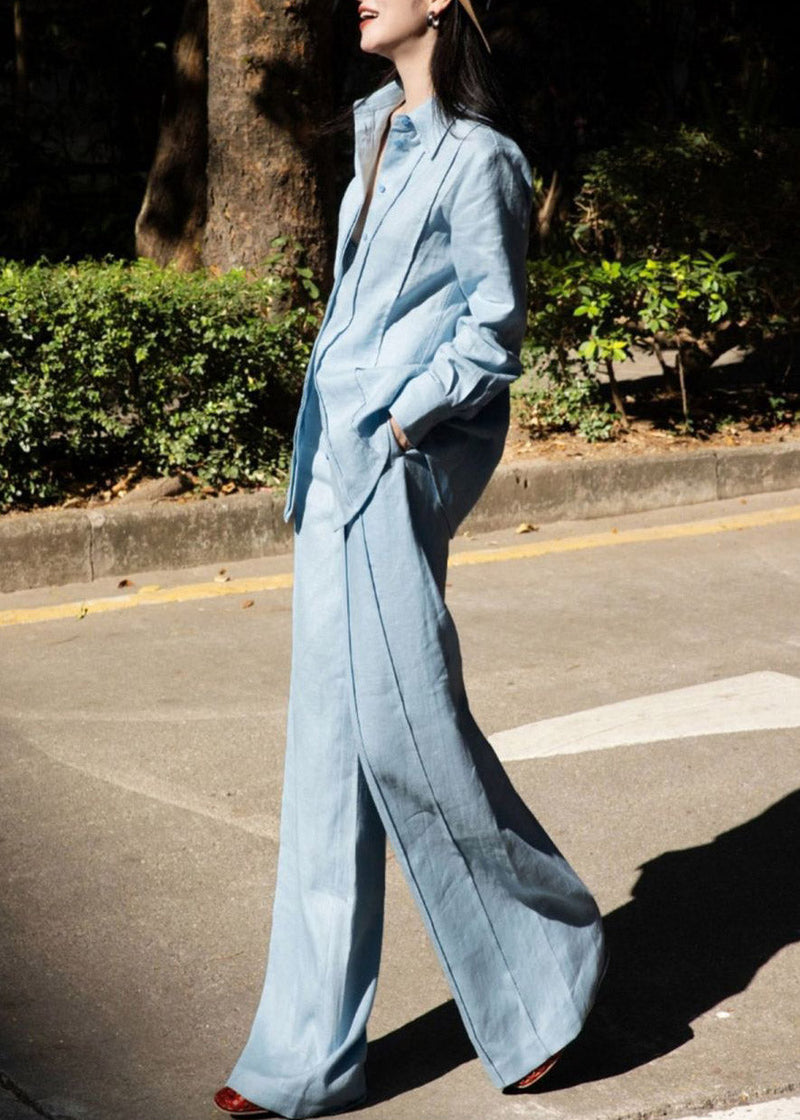 Blue Peter Pan Collar Linen Shirts and Wide Leg Pants Two Pieces Set Long Sleeve