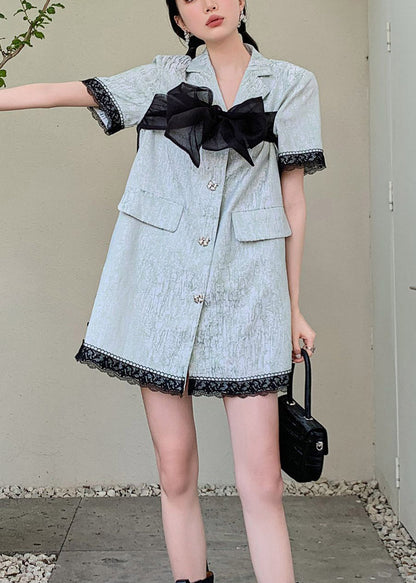 Blue Peter Pan Collar Organza Patchwork Button Mid Shirts Dresses Short Sleeve