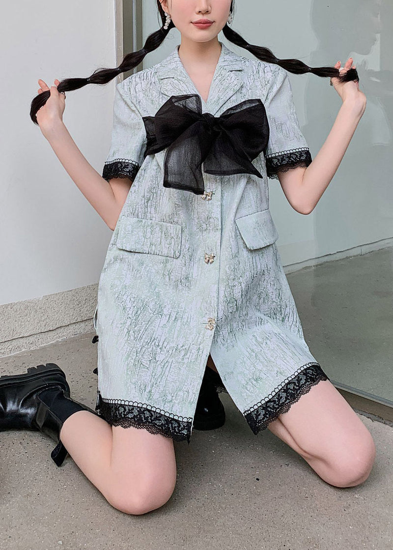 Blue Peter Pan Collar Organza Patchwork Button Mid Shirts Dresses Short Sleeve