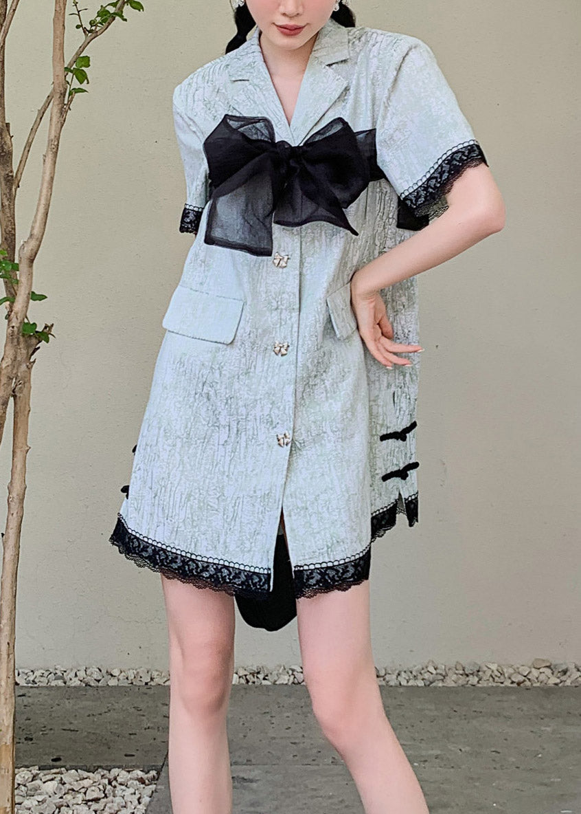 Blue Peter Pan Collar Organza Patchwork Button Mid Shirts Dresses Short Sleeve