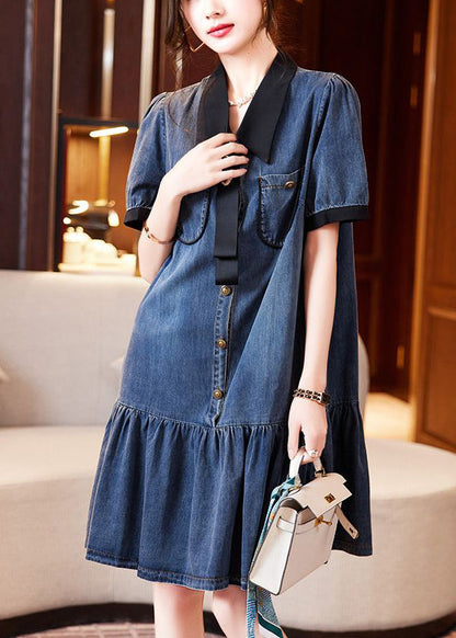 Blue Peter Pan Collar Patchwork Ruffles Denim Dresses Summer
