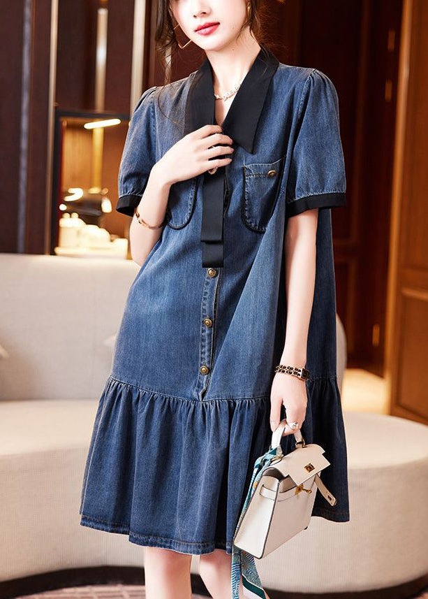 Blue Peter Pan Collar Patchwork Ruffles Denim Dresses Summer