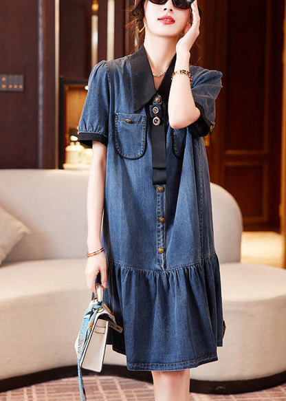 Blue Peter Pan Collar Patchwork Ruffles Denim Dresses Summer