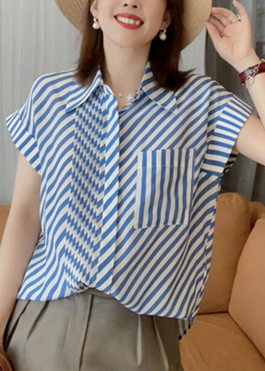 Blue Peter Pan Collar Striped Button Low High Design Silk Shirts Summer