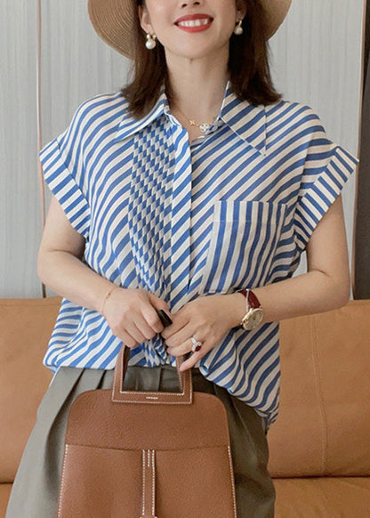 Blue Peter Pan Collar Striped Button Low High Design Silk Shirts Summer